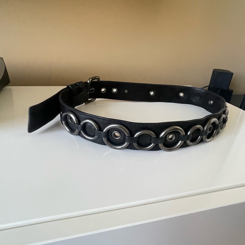PRADA Black Leather Belt with Dark Silver Buckle and Metal Circle Accents - Picture 10 of 11